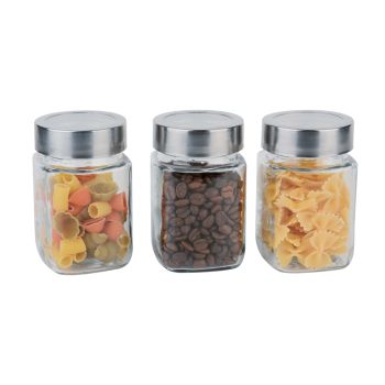 Jogo de 3 Frascos Quadrados com Tampa Metal Micasa Glass (8/16), 500 ml