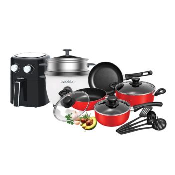 Super Oferta Decakila #6: Fritadeira sem Óleo 6.5L, Panela Elétrica de arroz 1.8 L e Conjunto de Cozinha 11 Pcs