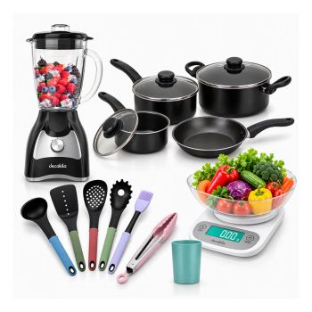 Super Oferta Decakila #10: Jogo de Panelas 7 Peças, Kit de Utensílios, Balança com Tigelas e Liquidificador 1.5 L