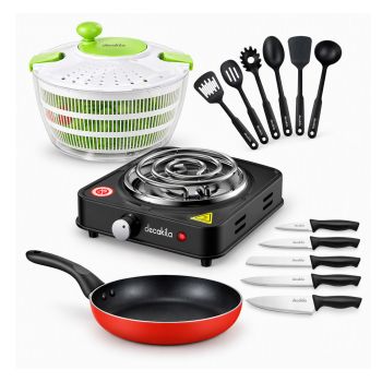 Super Oferta Decakila #3: Jogo de Facas, Utensílios de Cozinha, Frigideira, Fogão Elétrico 1 Boca e Girador de Salada