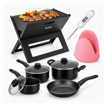 Super Oferta Decakila #7: Fogão a Carvão, Termómetro de Carne, Luva de Silicone e Jogo de Panelas 7 peças