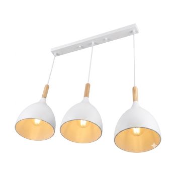 Candeeiro Pendente Triplo E27 Branco e Madeira, 3 Luzes