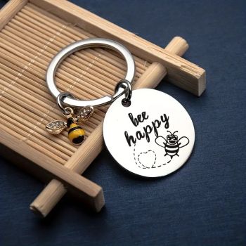 Chaveiro Bee Happy Aço Inox com Pingente de Abelha, PRATEADO 