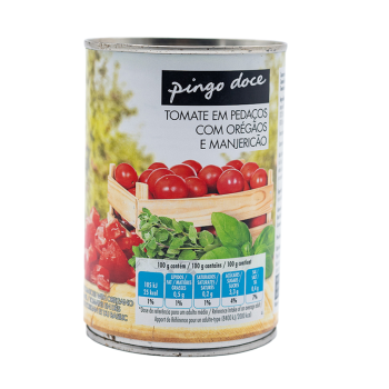 Tomate em Pedaços Pingo Doce Orégãos e Manjericão, 390 g