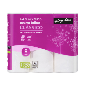Papel Higiénico Pingo Doce Clássico Quatro Folhas, 9 Rolos