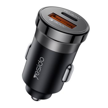 Carregador para Carro Carregamento Rápido Yesido Y73 30W USB e Type-C, Preto