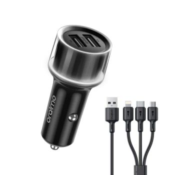 Carregador de Carro Cabo Triplo Micro USB Type C Lightning, Preto