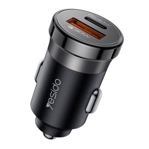 Carregador para Carro Carregamento Rápido Yesido Y73 30W USB e Type-C, Preto