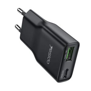 Carregador Ultra Fino Yesido YC112 2 Portas USB e Type-C 20W, Preto