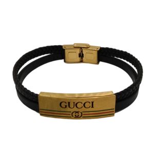 Pulseira Masculina de Couro Preto-Dourado 25016