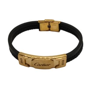 Pulseira Masculina de Couro Preto-Dourado 25018
