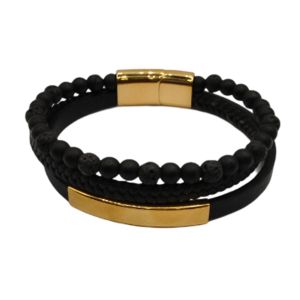 Pulseira Masculina de Couro Preto-Dourado 25022