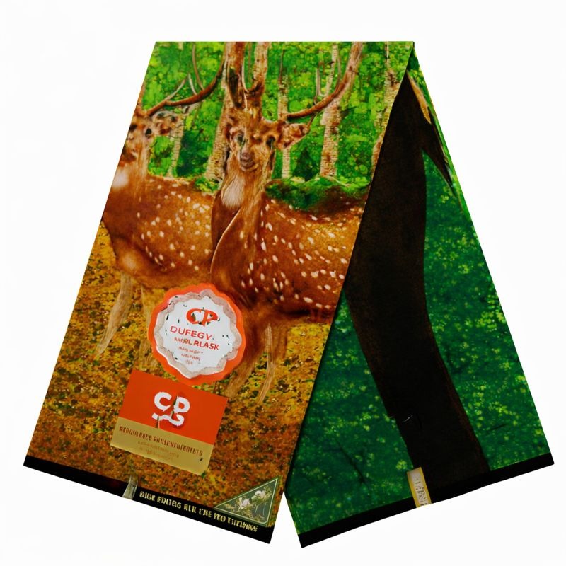 Capulana africana CP-360 com estampa de girafa em tons de amarelo, vermelho e preto, tecido 100% algodão Hollandais Wax