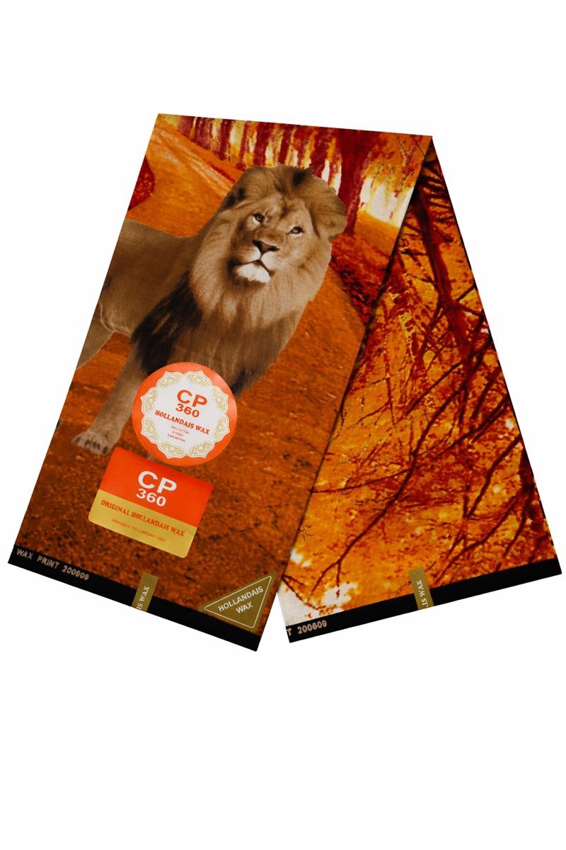 Capulana africana Hollandais Wax com estampa de leão em tons quentes, tecido premium 100% algodão